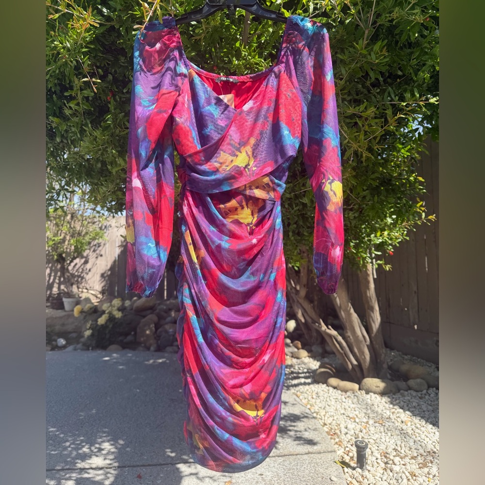 NWT BRFBM Ruched Long Sleeve Floral Midi Dress in Red & Purple body con size m